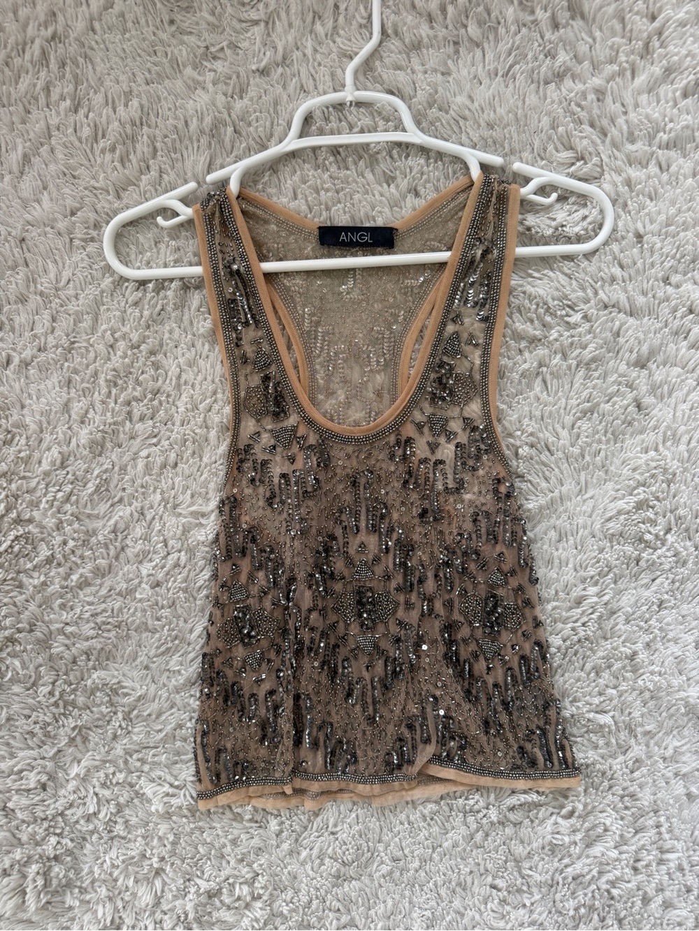 ANGL Nude Beaded Mesh Tank with Gunmetal Embellishment